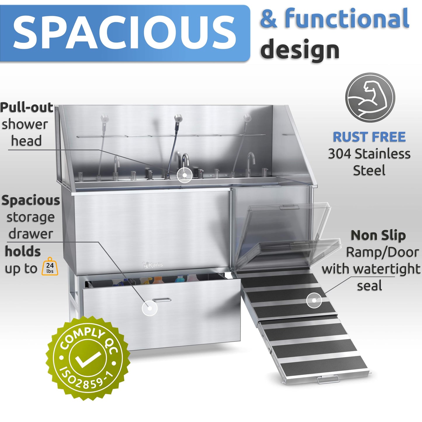 KANIS Professional Stainless Steel Dog Bathing Station - Grooming Tub w/Ramp, Storage Drawer, Floor Grate & Faucet/Dog Bathtub for Large, Medium & Small Pets (50", Left RAMP - 1 Drawer)