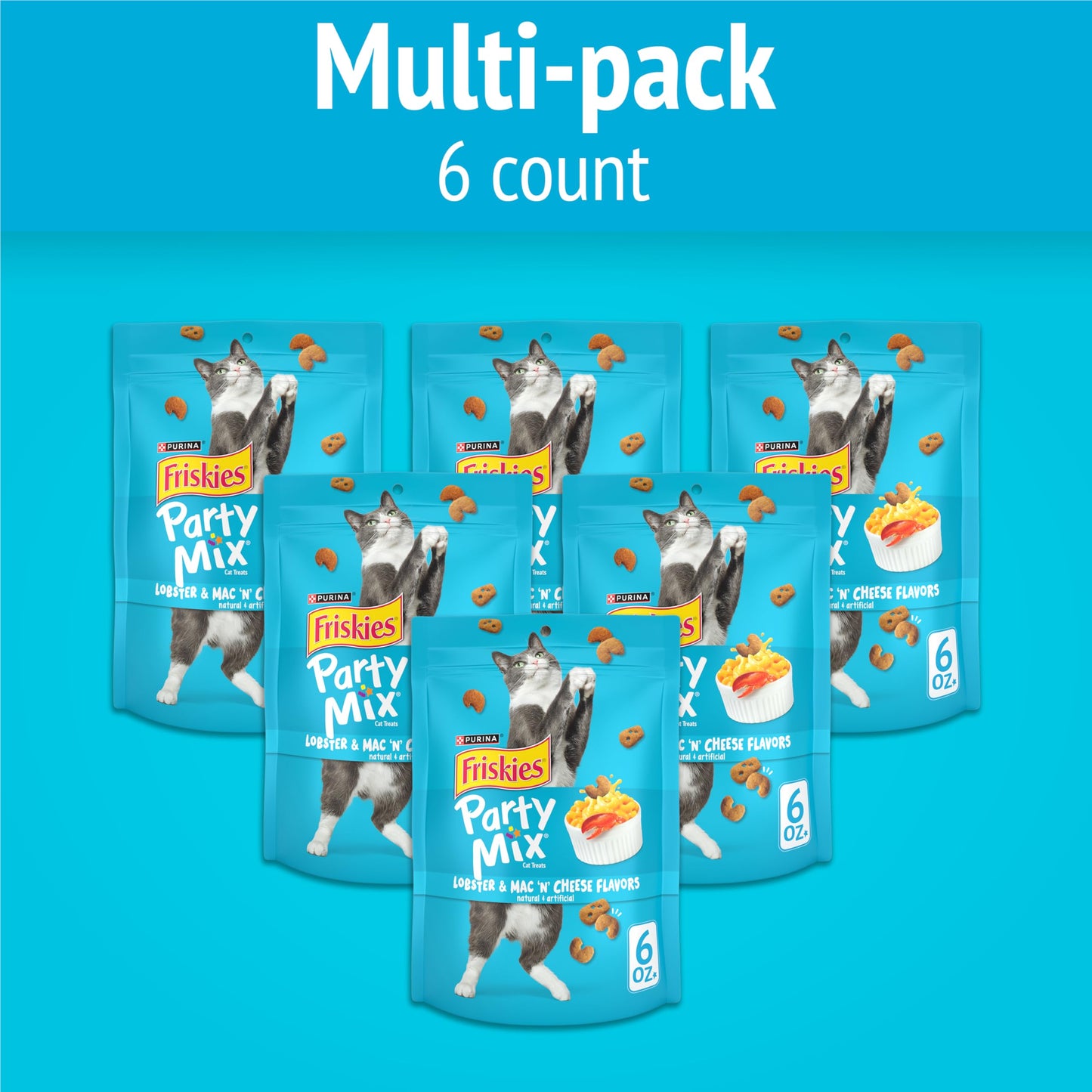 Purina Friskies Cat Treats, Party Mix Lobster & Mac 'N' Cheese Flavors - (Pack of 6) 6 oz. Pouches