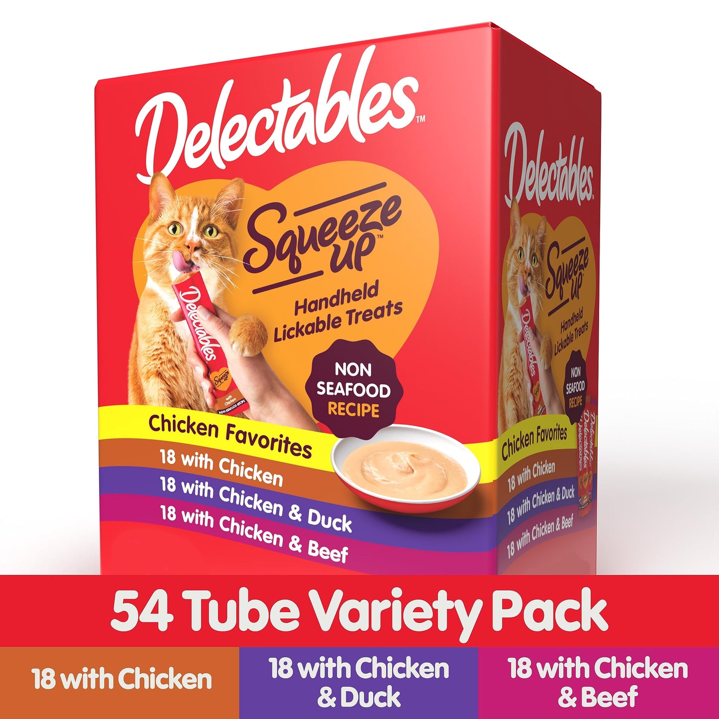 Delectables Squeeze Up Non-Seafood Variety Pack, Creamy Squeezable Puree, Lickable Wet Cat Treats, Grain Free, No Added Fillers, No By-Products, No Added Preservatives, 0.5 Ounces Tube, 54 Tubes Total