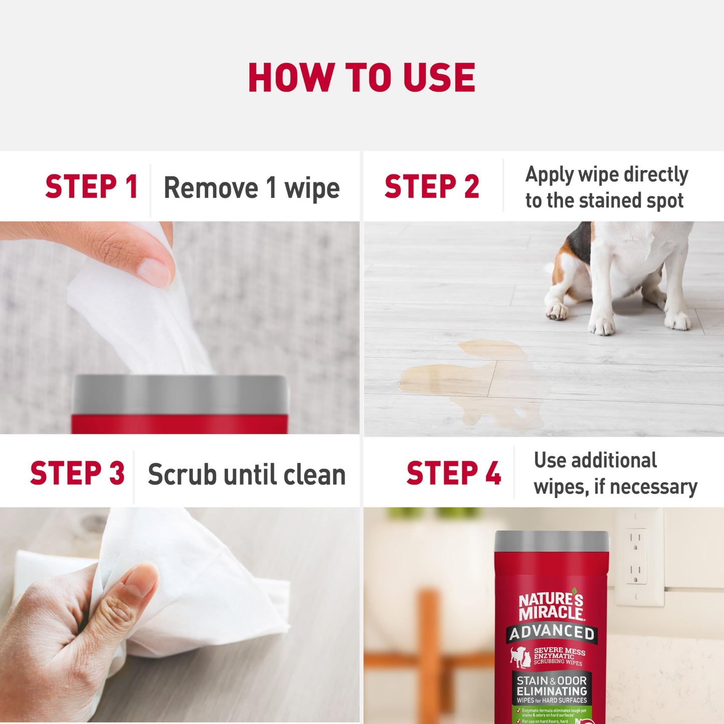 Nature's Miracle Nature’s Miracle Advanced Stain And Odor Eliminating Wipes for Hard Surfaces 30 Count, Enzymatic Formula Eliminates Tough Pet Messes