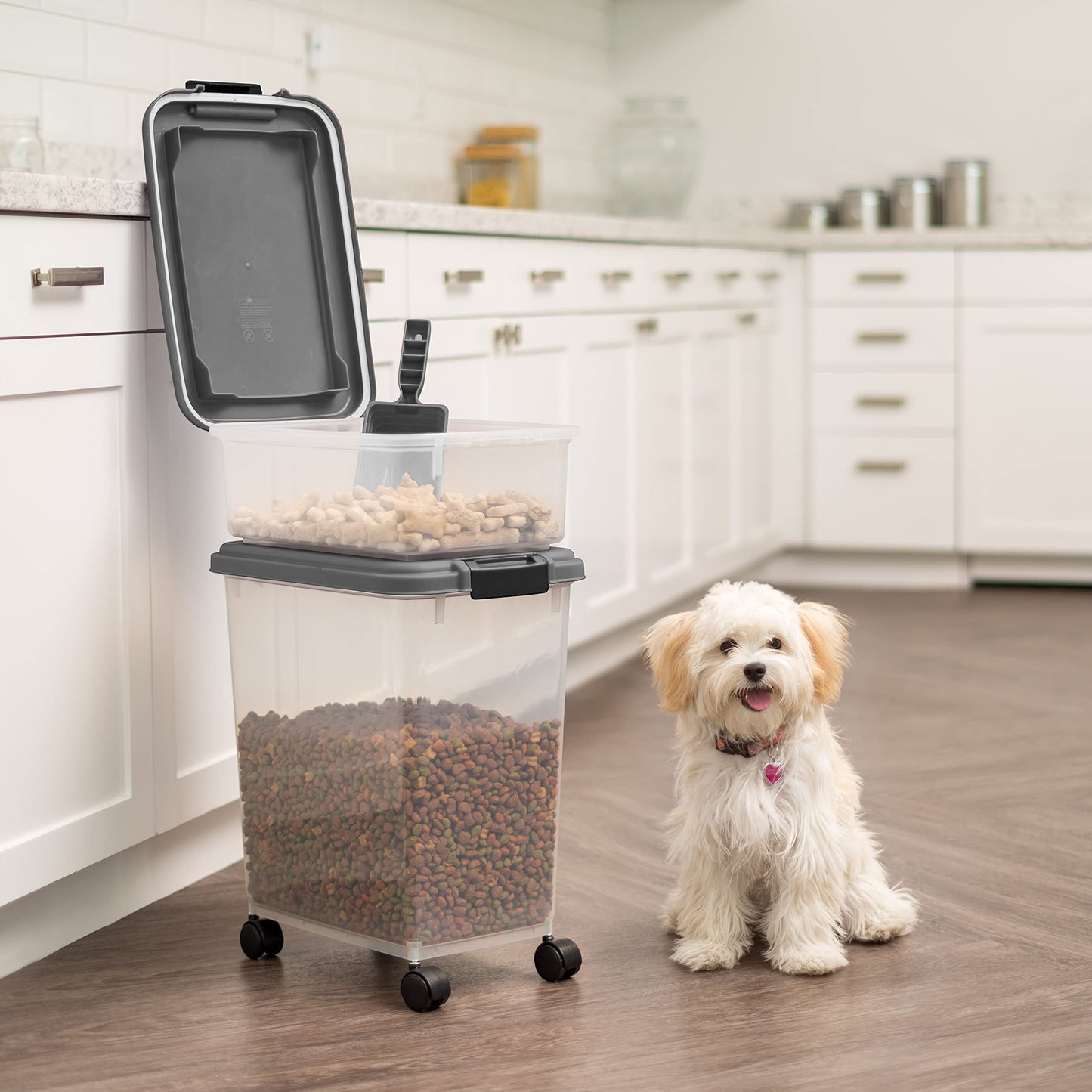 IRIS USA Dog Food Storage Container, 30 lbs & 11 lbs Combo, Cat Food Storage Container, Dog Treat Container, Airtight, Stackable, 2-Cup Scoop, Wheels, Easy Mobility, Dark Gray