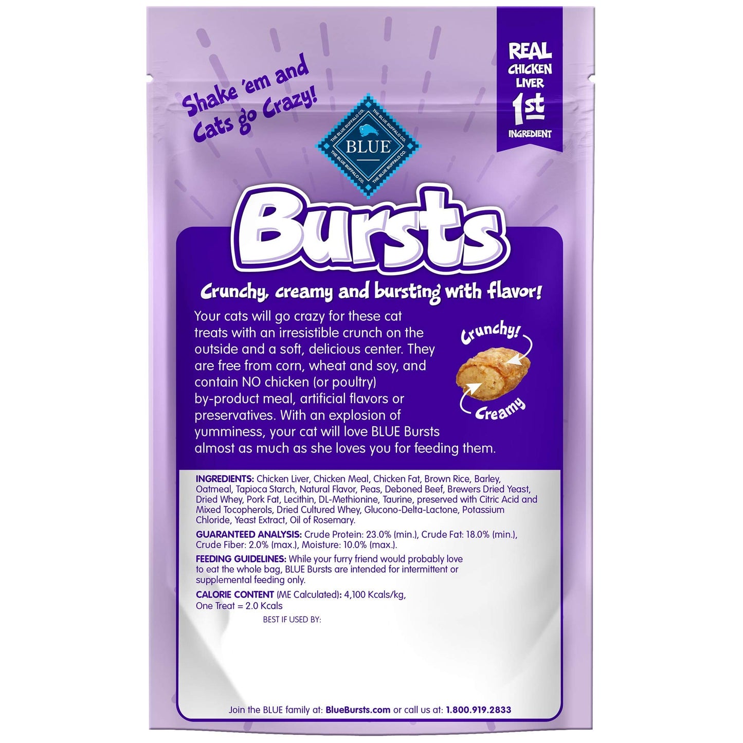 Blue Buffalo Bursts Crunchy Cat Treats, Chicken Liver and Beef 2-oz Bag (6 Pack)