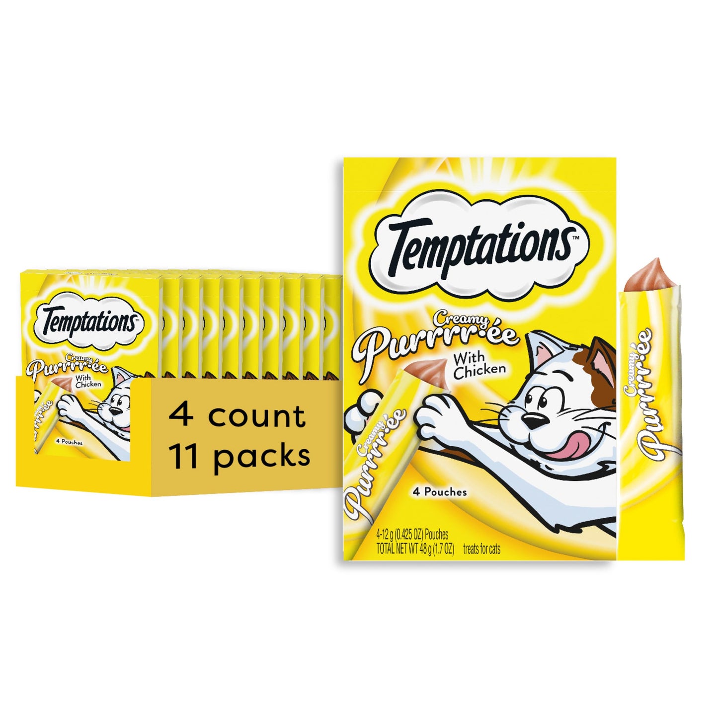 Temptations Creamy Puree with Chicken Lickable, Squeezable Cat Treats, 0.42 Oz Pouches, 4 Count (Pack of 11) - Total 44 Count