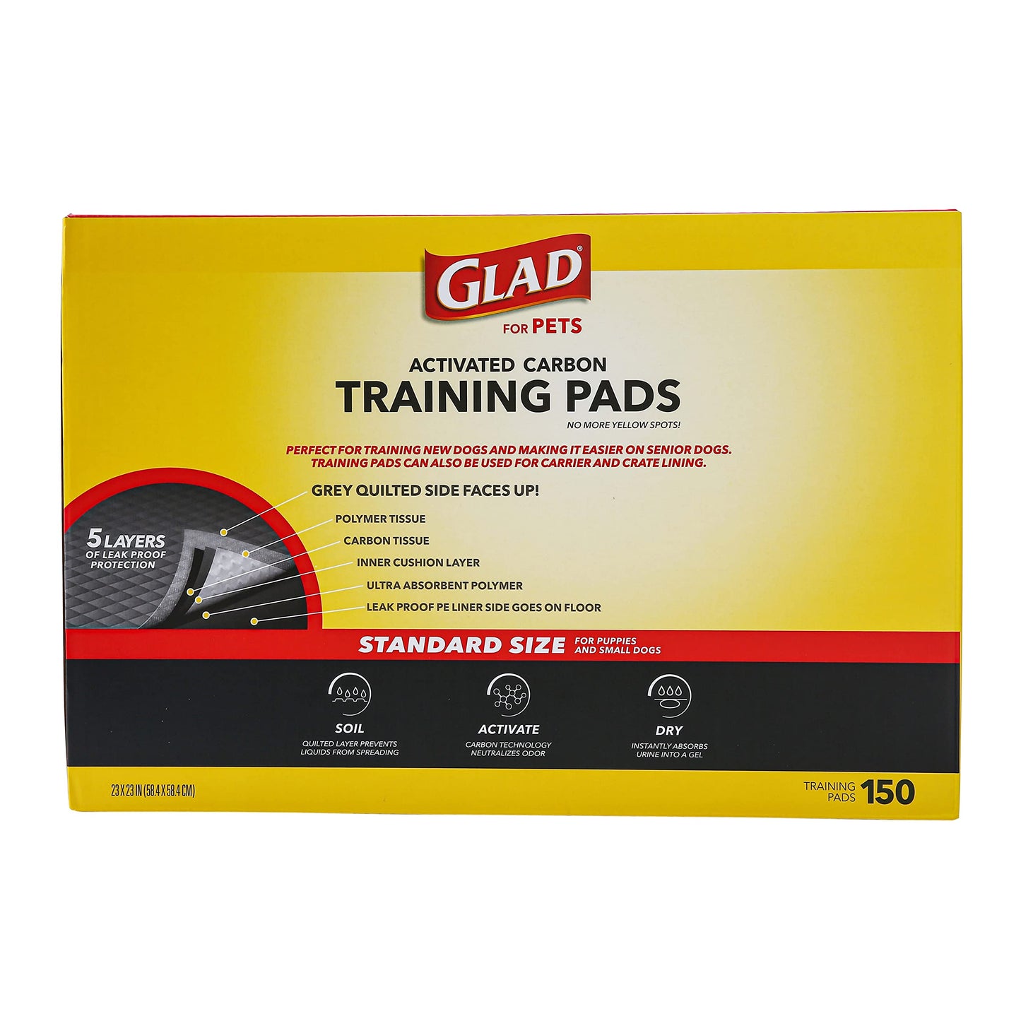 Glad for Pets Black Charcoal Puppy Pads - Super Absorbent Disposable Dog Pee Pads, Potty Training Pads, and Pet Supplies - Dog Pee Pads for Crate Training and Indoor Use 23" x 23" - 150 Count