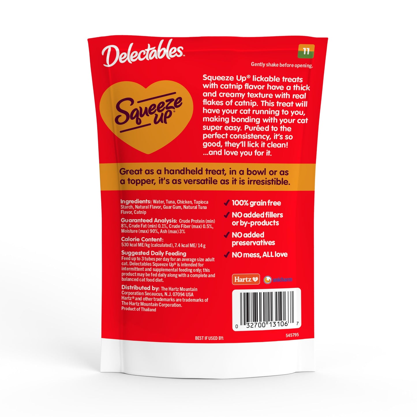 Delectables Squeeze Up Creamy Squeezable Puree, Lickable Wet Cat Treats, Grain Free, No Added Fillers, No By-Products, No Added Preservatives, 0.5 Ounces Tube Chicken with Catnip, 32 Tubes Total