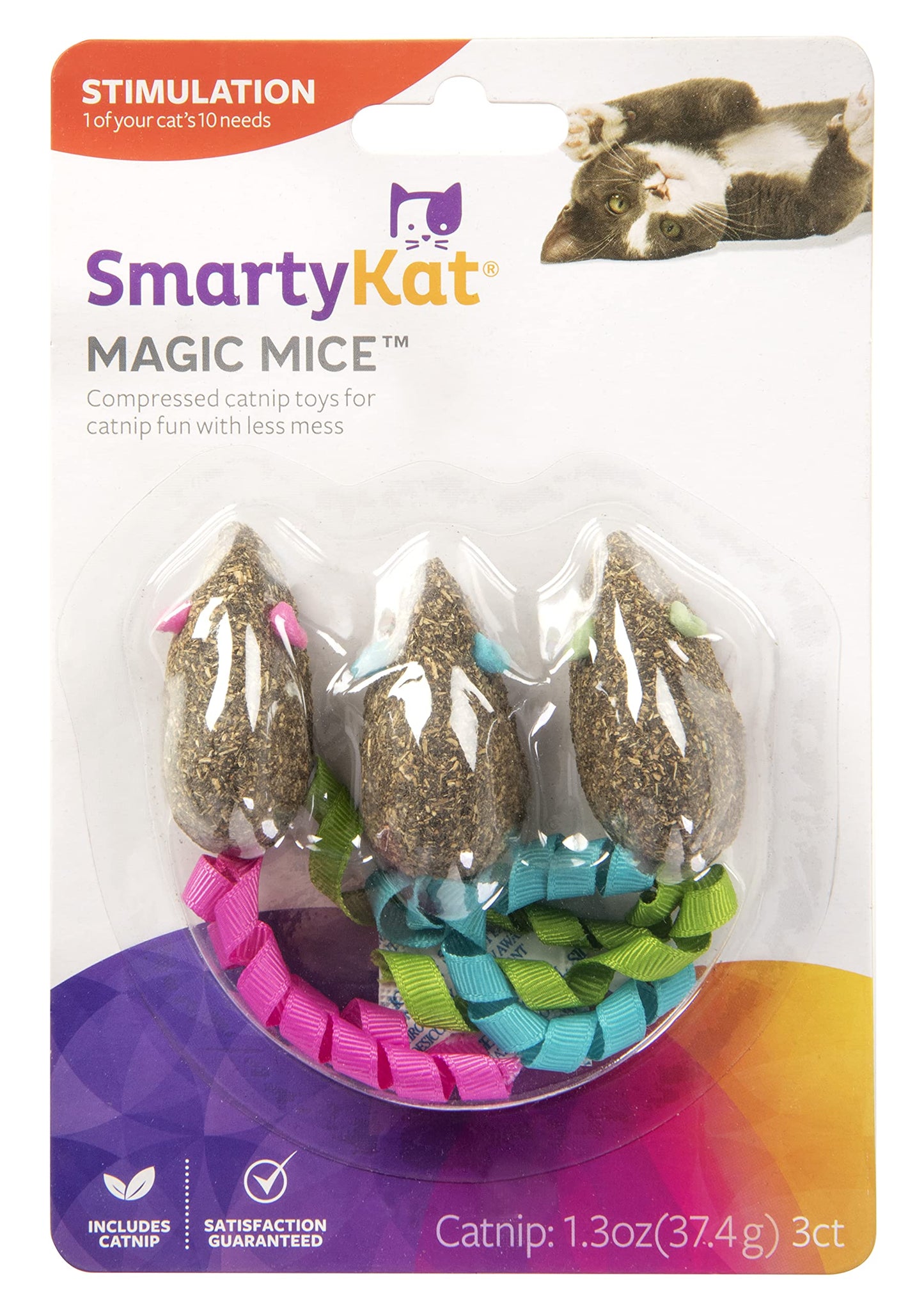 SmartyKat (3 Count) Magic Mice Compressed Catnip Ribbon Cat Toys - Green/Pink/Blue, 3 Count