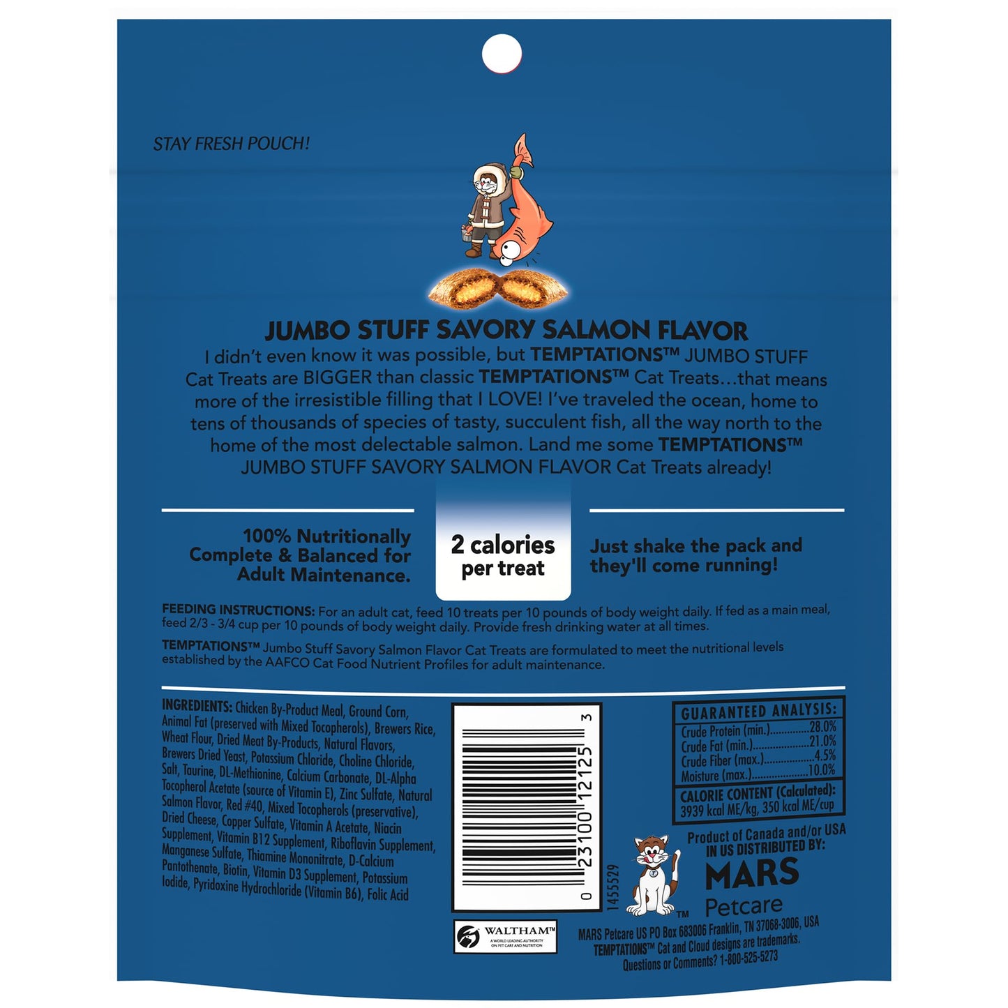 Temptations Jumbo Stuff Crunchy and Soft Cat Treats Savory Salmon Flavor, 5.3 oz. Pouch (Pack of 10)