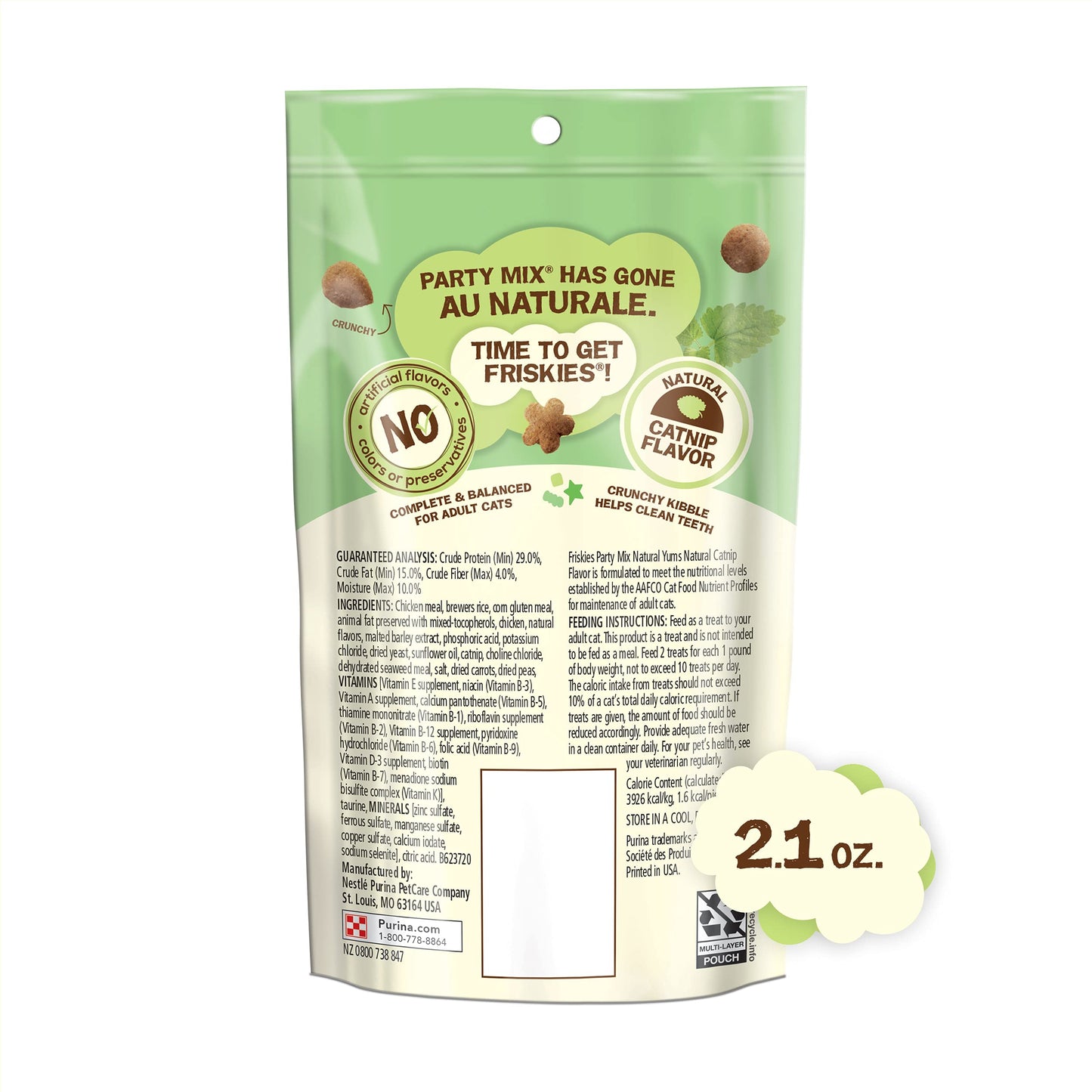 Purina Friskies Made in USA Facilities, Natural Cat Treats, Party Mix Natural Yums Catnip Flavor - (Pack of 10) 2.1 oz. Pouches