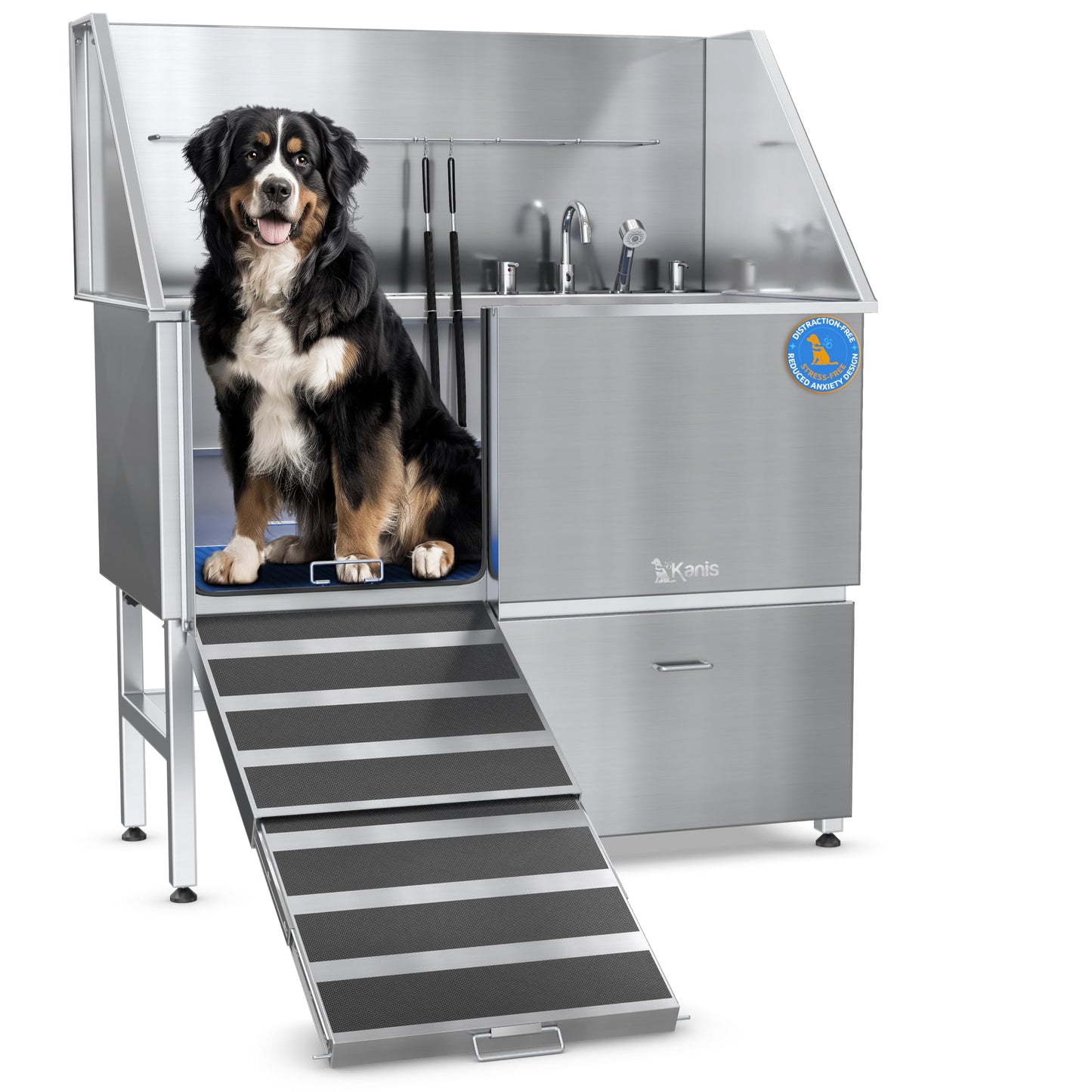 KANIS Professional Stainless Steel Dog Bathing Station - Grooming Tub w/Ramp, Storage Drawer, Floor Grate & Faucet/Dog Bathtub for Large, Medium & Small Pets (50", Left RAMP - 1 Drawer)