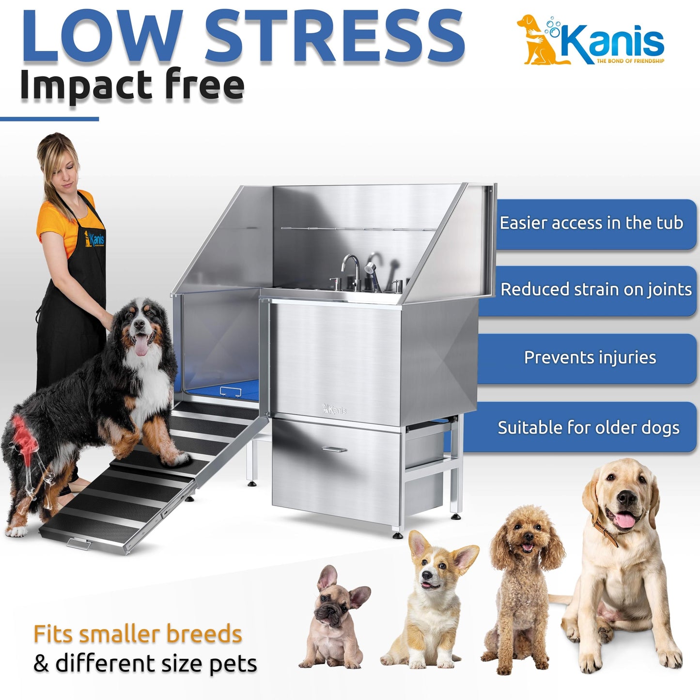 KANIS Professional Stainless Steel Dog Bathing Station - Grooming Tub w/Ramp, Storage Drawer, Floor Grate & Faucet/Dog Bathtub for Large, Medium & Small Pets (50", Left RAMP - 1 Drawer)