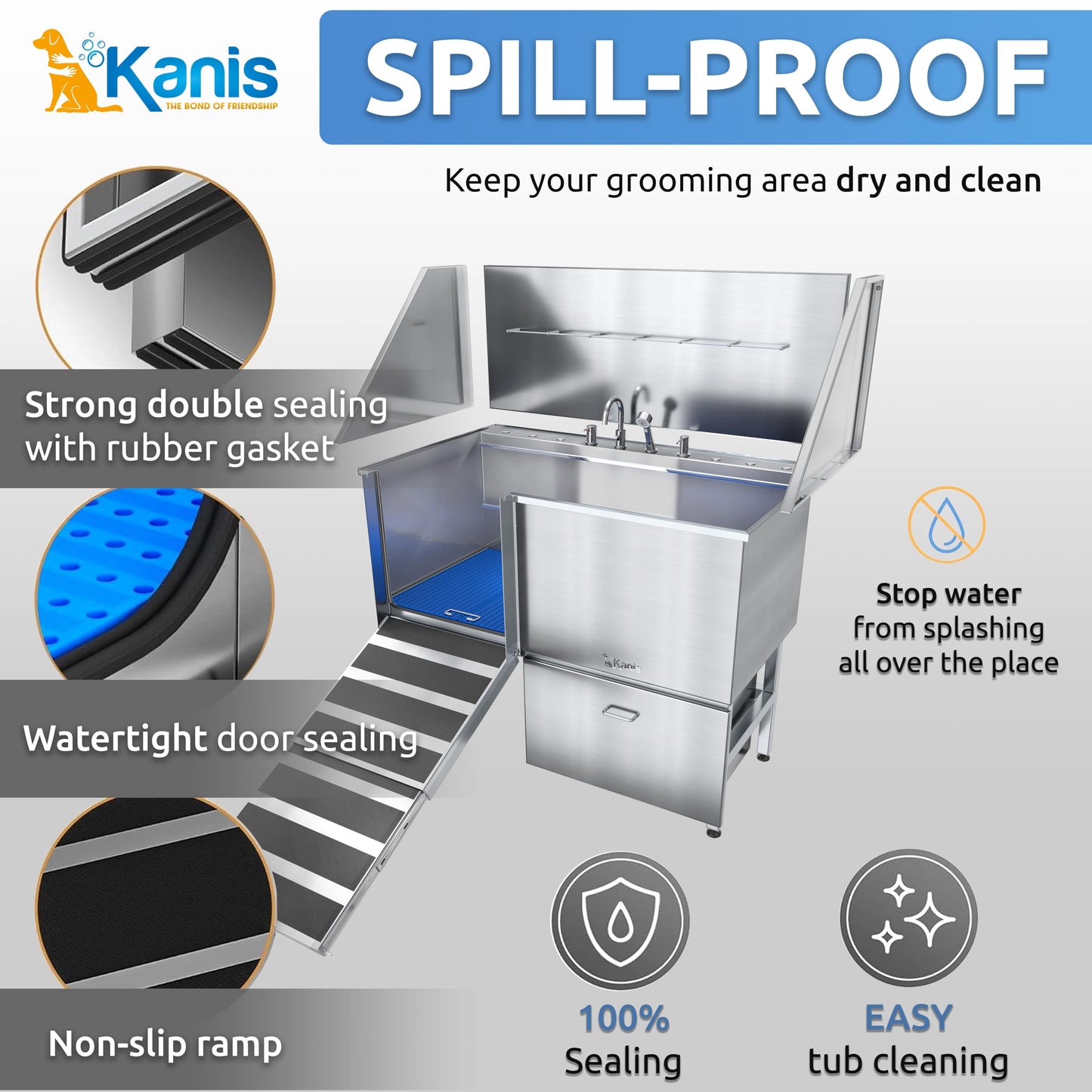 KANIS Professional Stainless Steel Dog Bathing Station - Grooming Tub w/Ramp, Storage Drawer, Floor Grate & Faucet/Dog Bathtub for Large, Medium & Small Pets (50", Left RAMP - 1 Drawer)