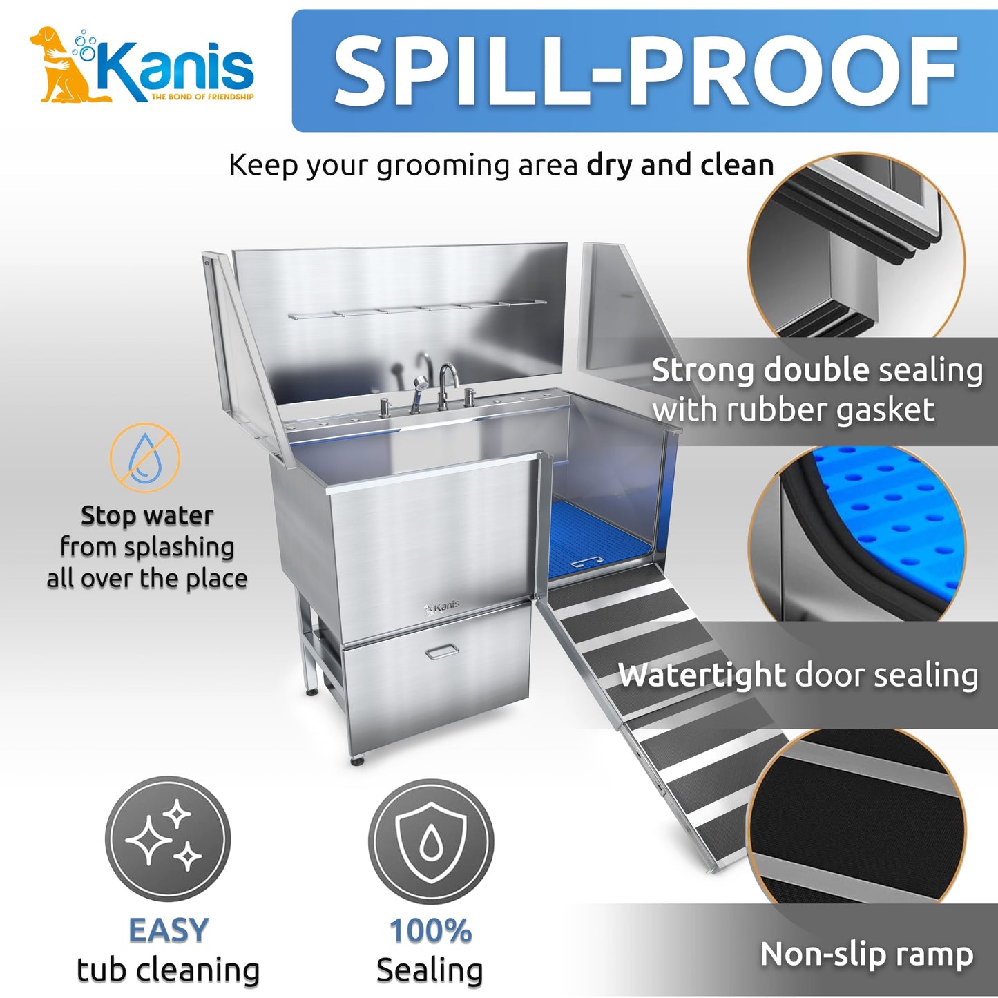 KANIS Professional Stainless Steel Dog Bathing Station - Grooming Tub w/Ramp, Storage Drawer, Floor Grate & Faucet/Dog Bathtub for Large, Medium & Small Pets (50", Left RAMP - 1 Drawer)