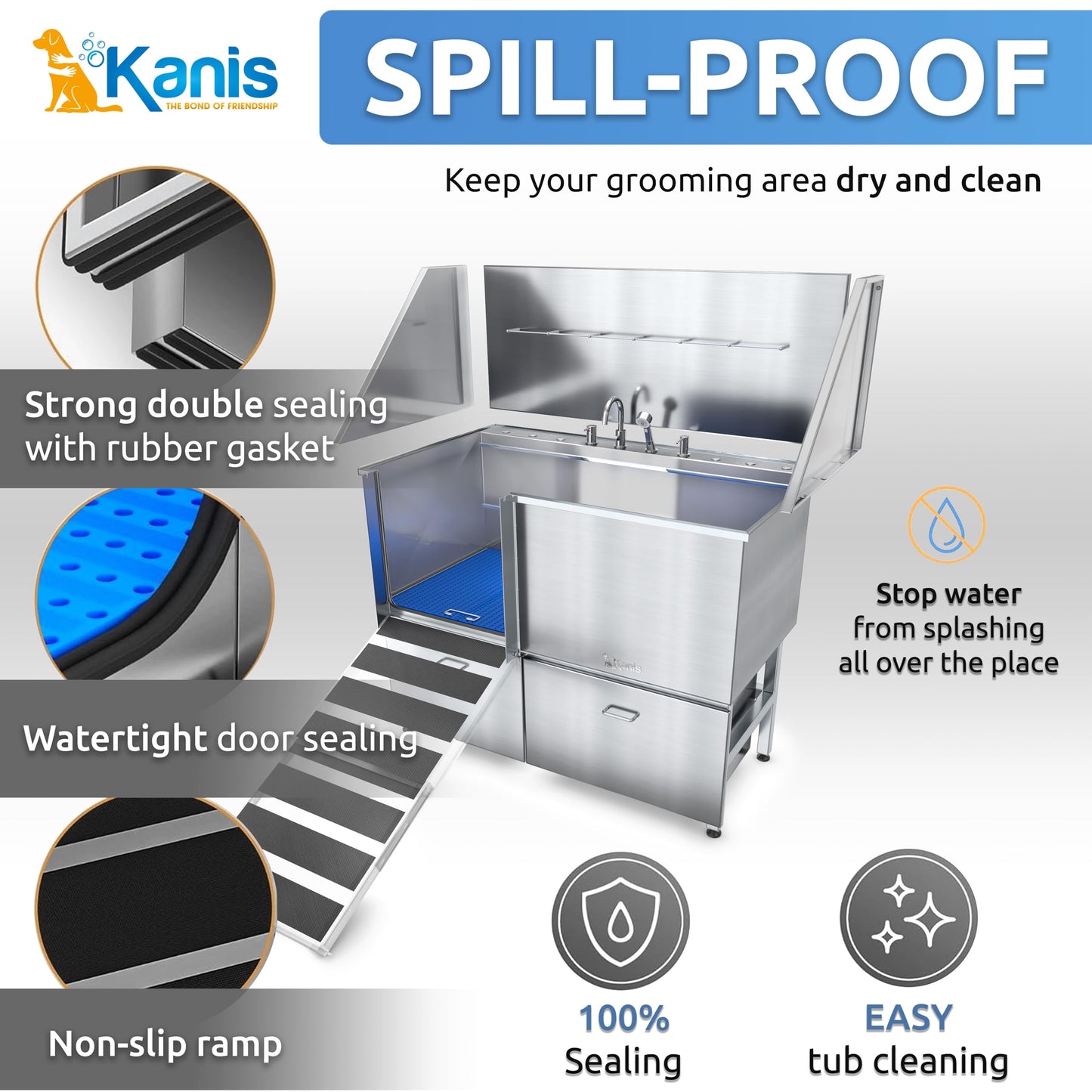 KANIS Professional Stainless Steel Dog Bathing Station - Grooming Tub w/Ramp, Storage Drawer, Floor Grate & Faucet/Dog Bathtub for Large, Medium & Small Pets (50", Left RAMP - 1 Drawer)