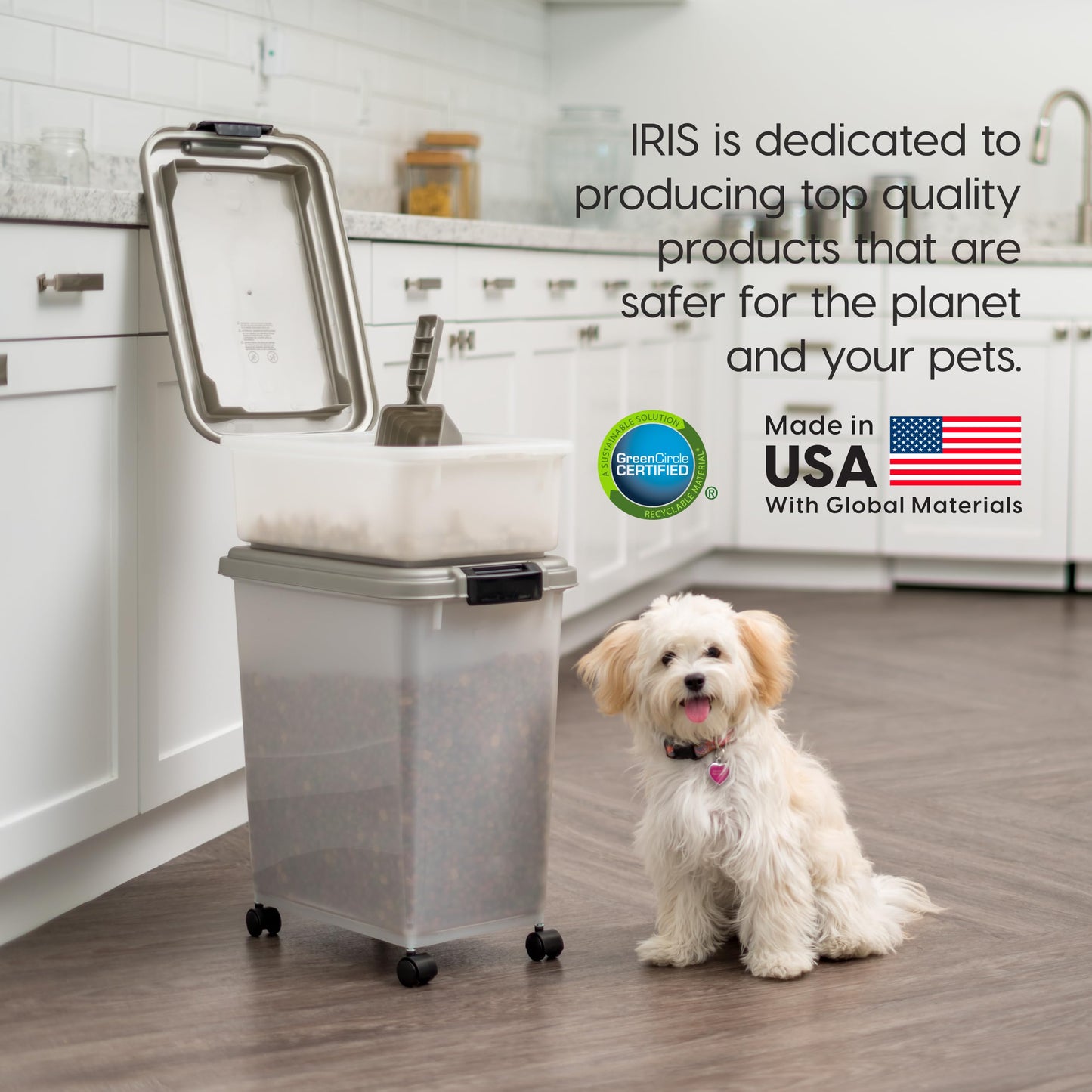 IRIS USA Dog Food Storage Container, 30 lbs & 11 lbs Combo, Cat Food Storage Container, Dog Treat Container, Airtight, Stackable, 2-Cup Scoop, Wheels, Easy Mobility, Silver