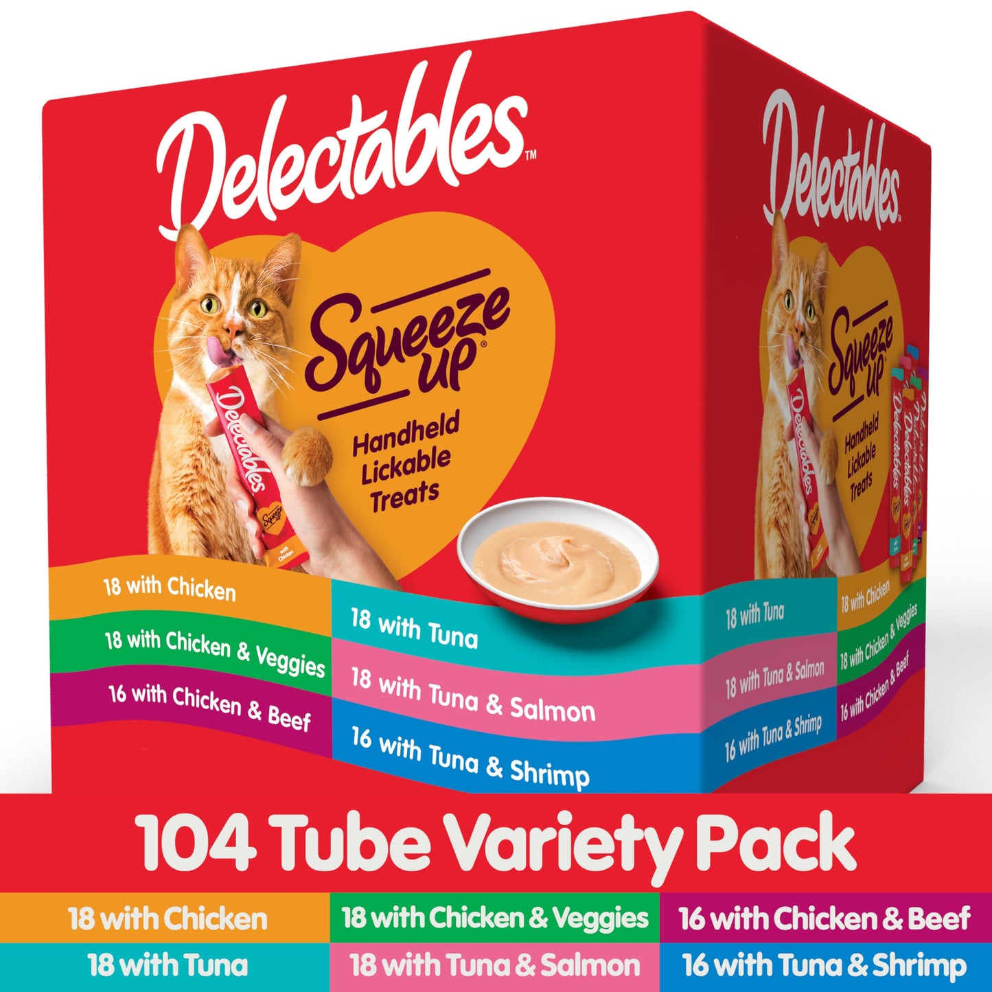 Delectables Squeeze Up Variety Pack, Creamy Squeezable Puree, Lickable Wet Cat Treats, Grain Free, No Added Fillers, No by-Products, No Added Preservatives, 0.5 Ounces Tube, 104 Tubes Total
