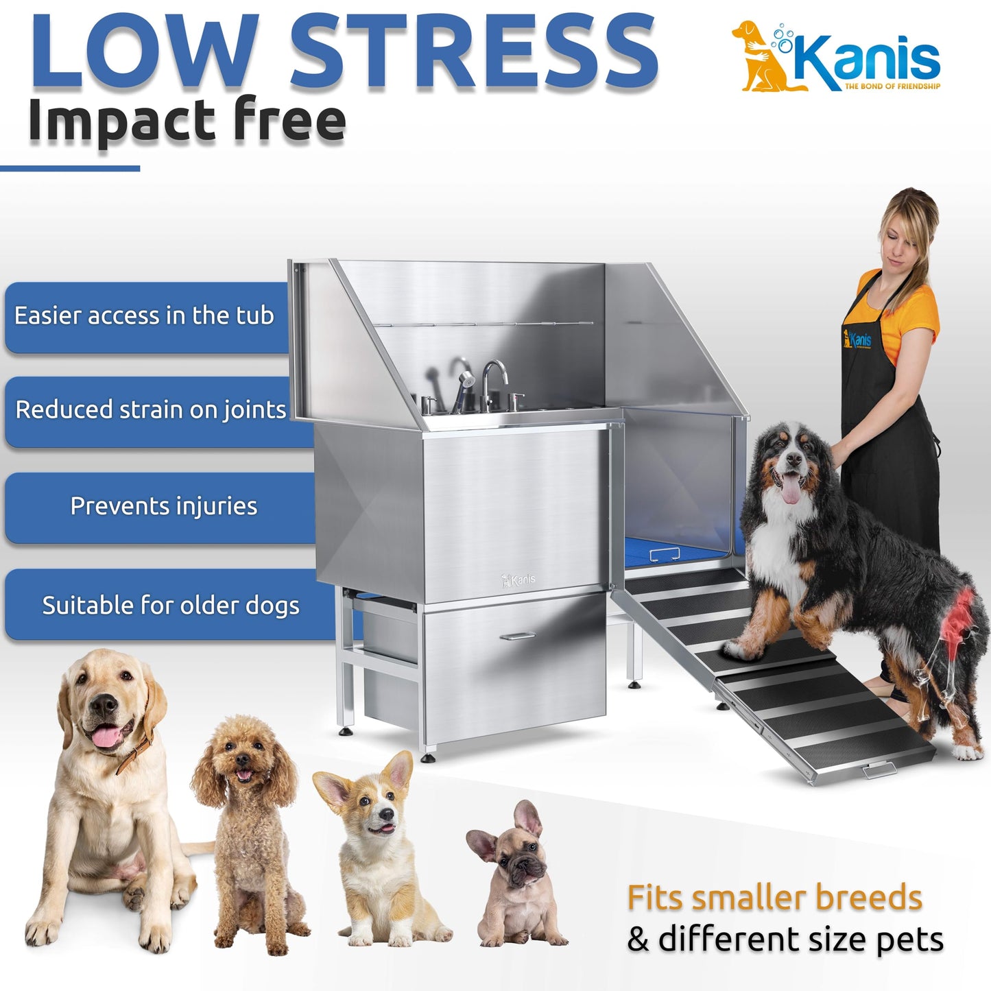 KANIS Professional Stainless Steel Dog Bathing Station - Grooming Tub w/Ramp, Storage Drawer, Floor Grate & Faucet/Dog Bathtub for Large, Medium & Small Pets (50", Left RAMP - 1 Drawer)