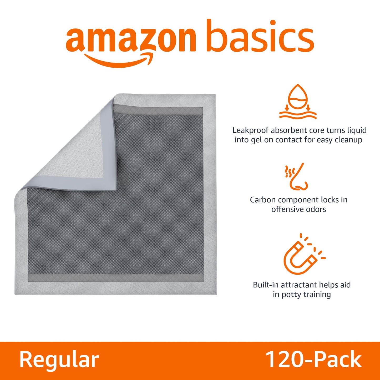 Amazon Basics Leak-Proof Puppy Training Pads, Odor Control, Quick-Dry Surface, Regular, 120-Pack, Gray