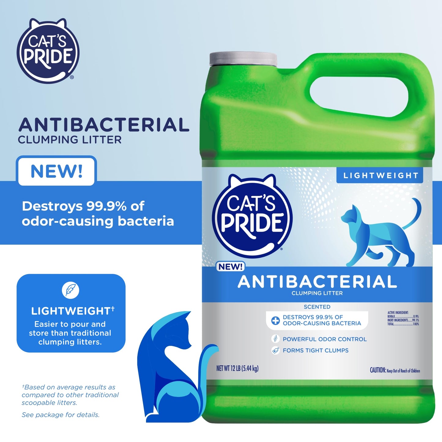 Cat's Pride New Antibacterial Cat Litter: Destroys 99.9% of Odor-Causing Bacteria - Powerful Odor Control - Premium Lightweight Clumping Litter - Scented, 12 Pounds