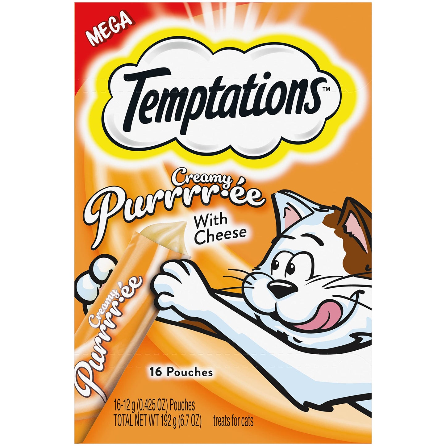 Temptations Creamy Puree with Cheese Lickable, Squeezable Cat Treats, 0.42 oz Pouches, 16 Count