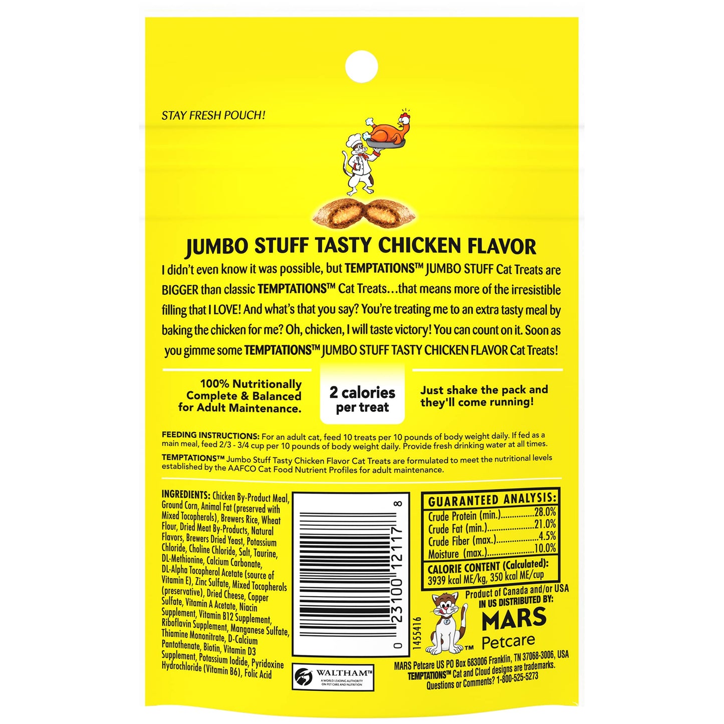 Temptations Jumbo Stuff Crunchy and Soft Cat Treats Tasty Chicken Flavor, 2.5 oz. Pouch, Pack of 12