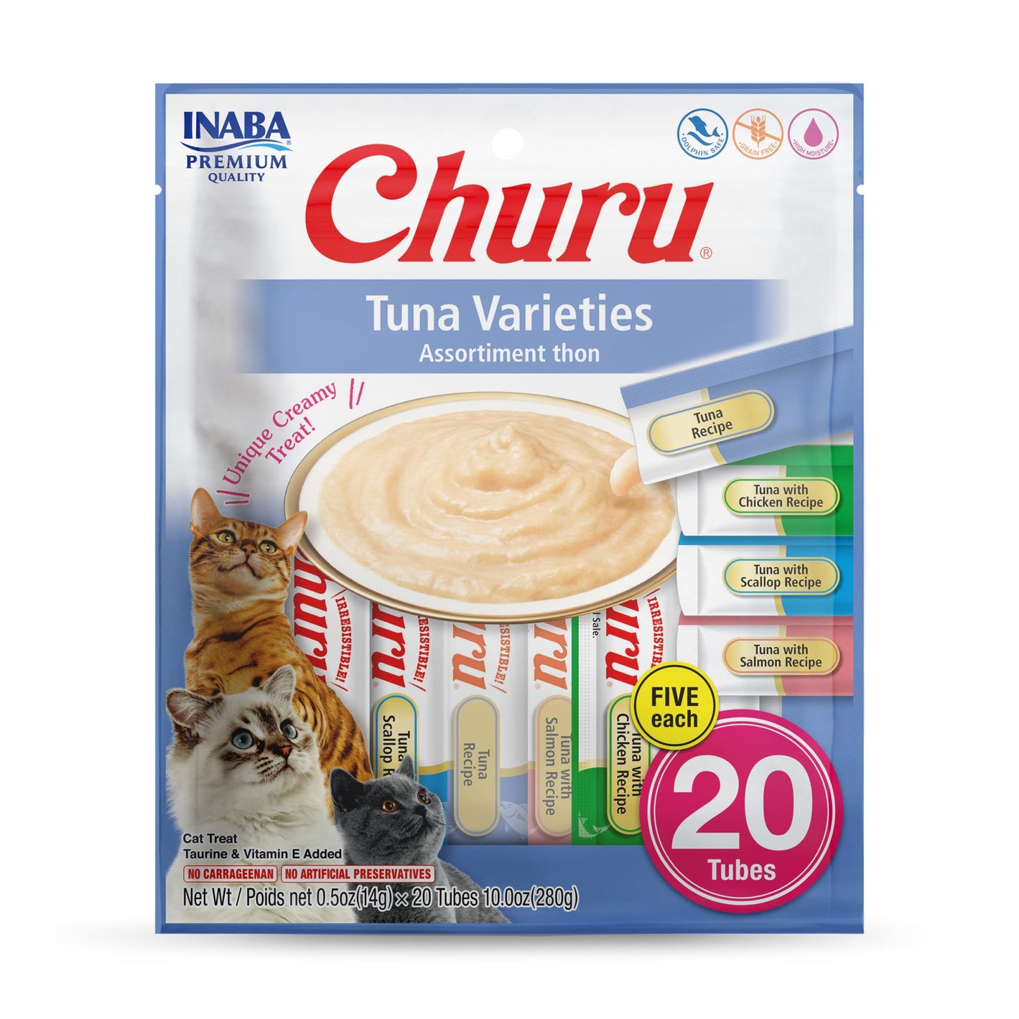 INABA Churu Cat Treats, Lickable, Squeezable Creamy Purée Cat Treat with Green Tea Extract & Taurine, 0.5 Ounces Each Tube, 20 Tubes, Tuna Variety