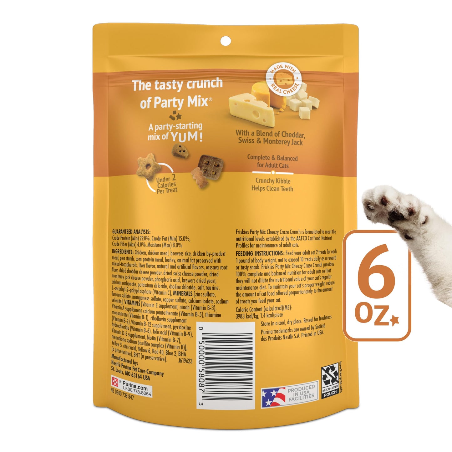 Purina Friskies Cat Treats, Party Mix Cheezy Craze Crunch - (Pack of 6) 6 oz. Pouches