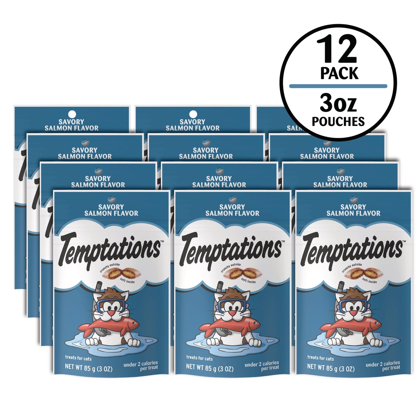 Temptations Classic Crunchy and Soft Cat Treats Savory Salmon Flavor, 3 oz. Pouch (Pack of 12)