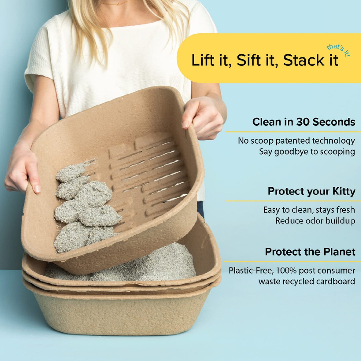 Kitty Sift (Set of 1 Litter Box & 5 Sifting Liners) Sustainable, Clean, Sifting, Disposable Cat Litter Box Kit - Large, 6-Set Kit