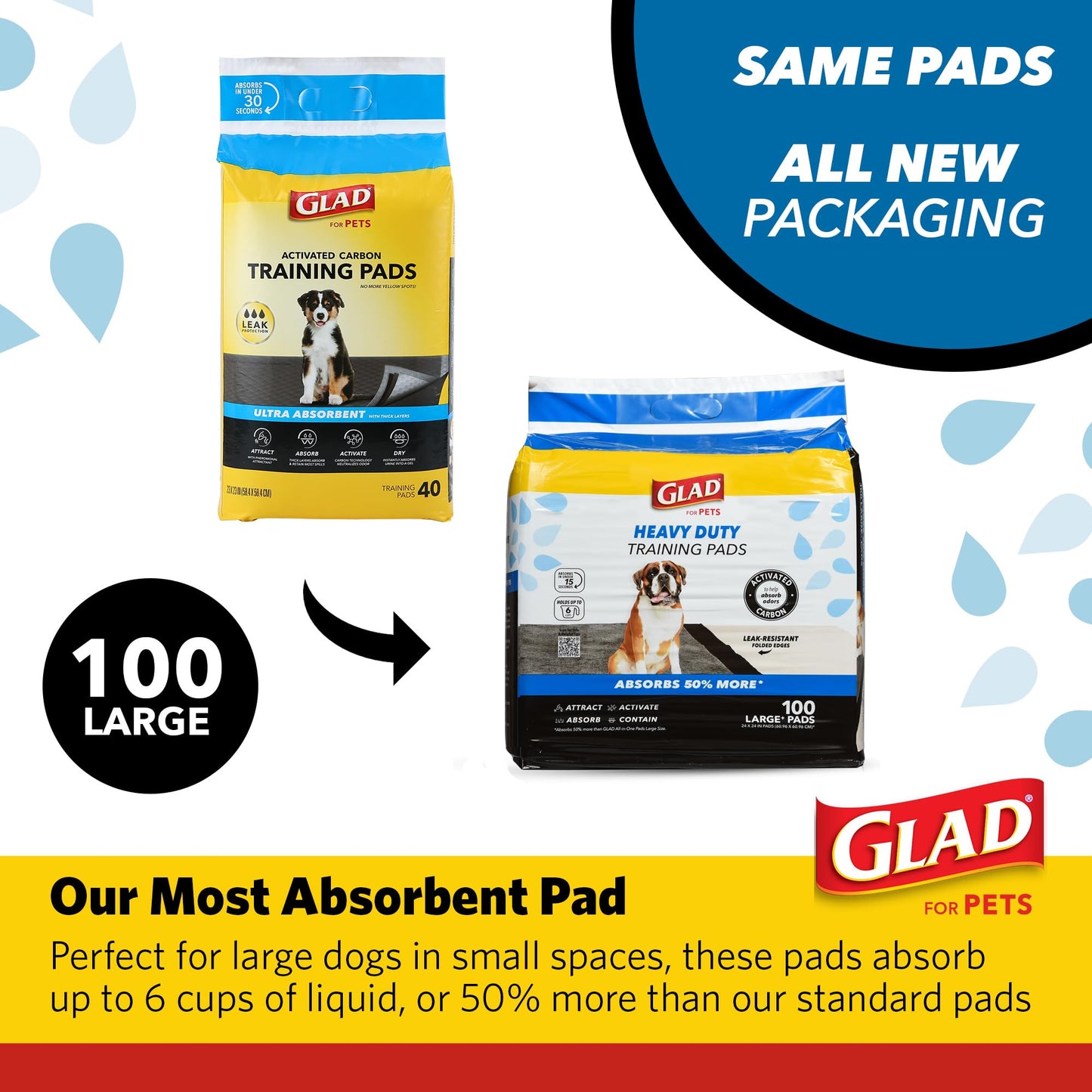 Glad for Pets Heavy Duty Activated Carbon Training Pads, 24" x 24" 100ct | Ultra Absorbent Training Pads - Absorbs 50% More Than Standard Pad in Same Size; Heavy Duty Puppy Potty Training Pads