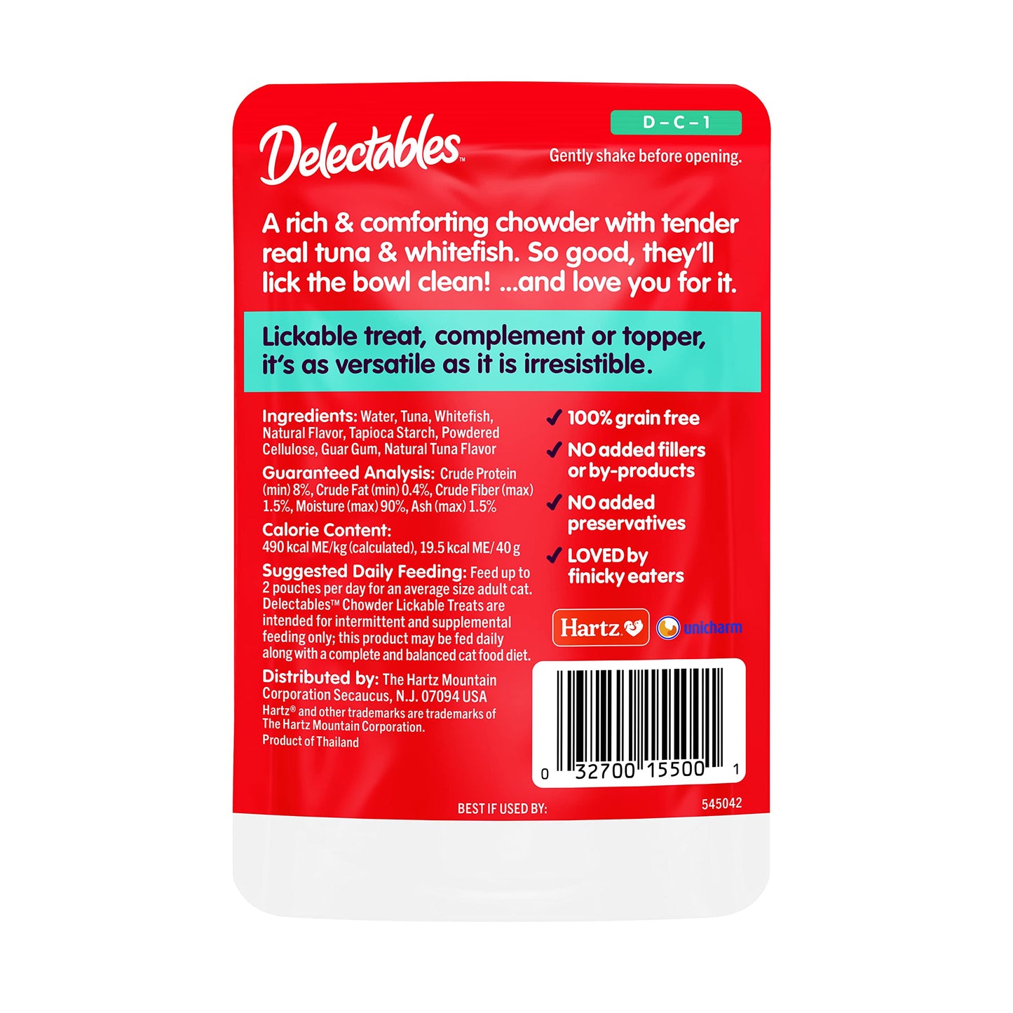 Hartz Delectables Chowder Lickable Wet Cat Treats for Kitten, Adult & Senior Cats, Tuna & Whitefish, 12 Count