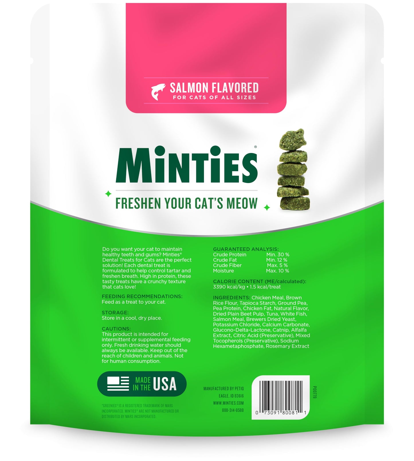 Minties Dental Treats for Cats, Salmon Flavored Treats for Cats, Freshens Breath and Controls Tartar, 10oz