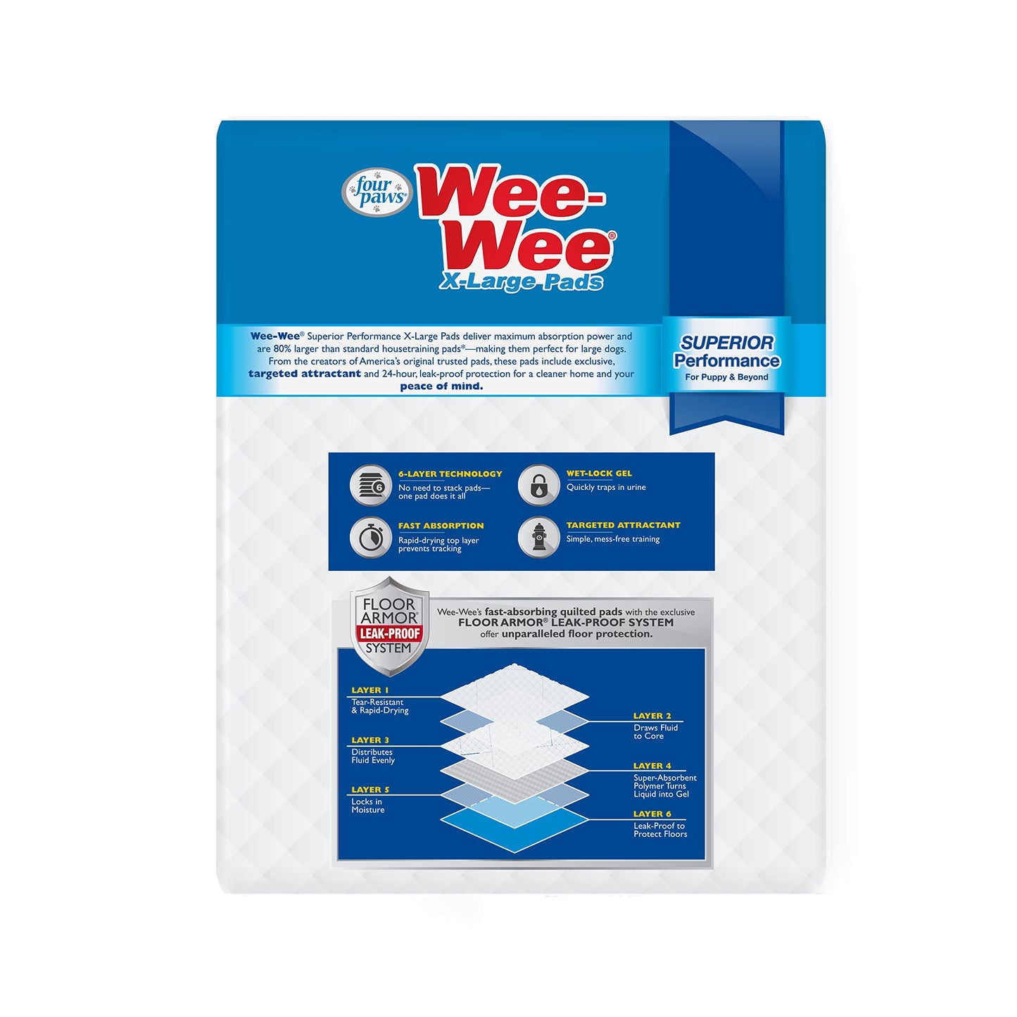 Four Paws Wee-Wee Superior Performance Unscented Extra-Large Pee Pads for Dogs & Puppies, Quilted Leak-Proof Dog Housebreaking Potty Training Floor Protection, 28" x 34", 14 Count