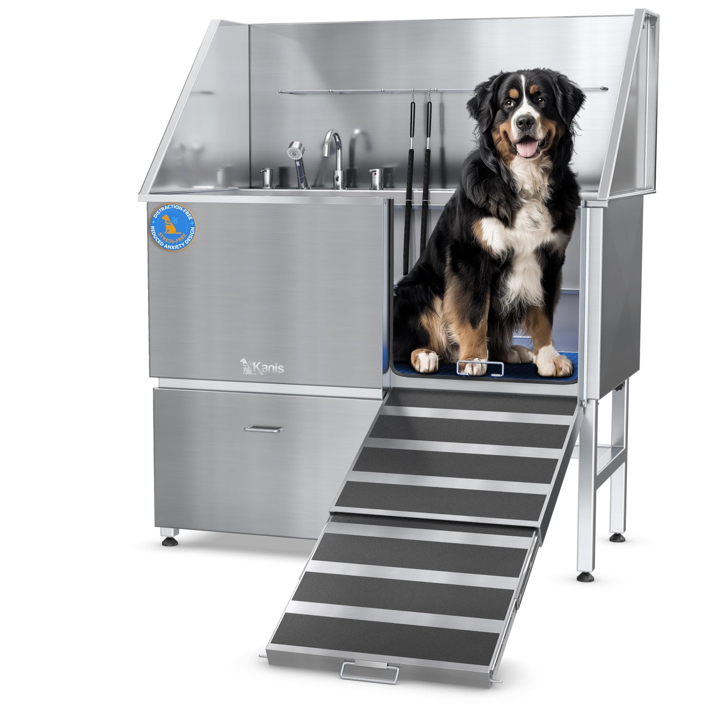 KANIS Professional Stainless Steel Dog Bathing Station - Grooming Tub w/Ramp, Storage Drawer, Floor Grate & Faucet/Dog Bathtub for Large, Medium & Small Pets (50", Left RAMP - 1 Drawer)