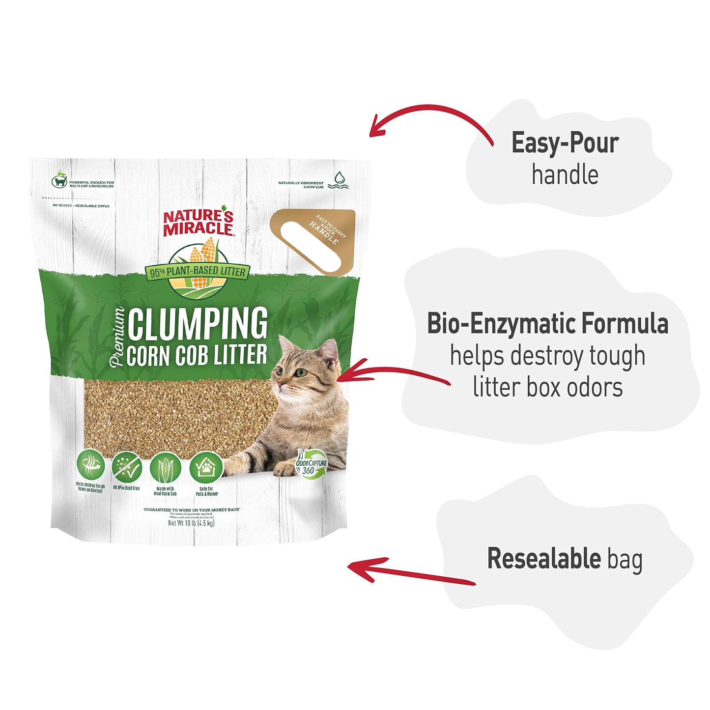 Nature’s Miracle Premium Clumping Corn Cob Litter, 10 Pounds, Made With Real Corn Cob For Fast-Clumping Litter For Multi-Cat Households