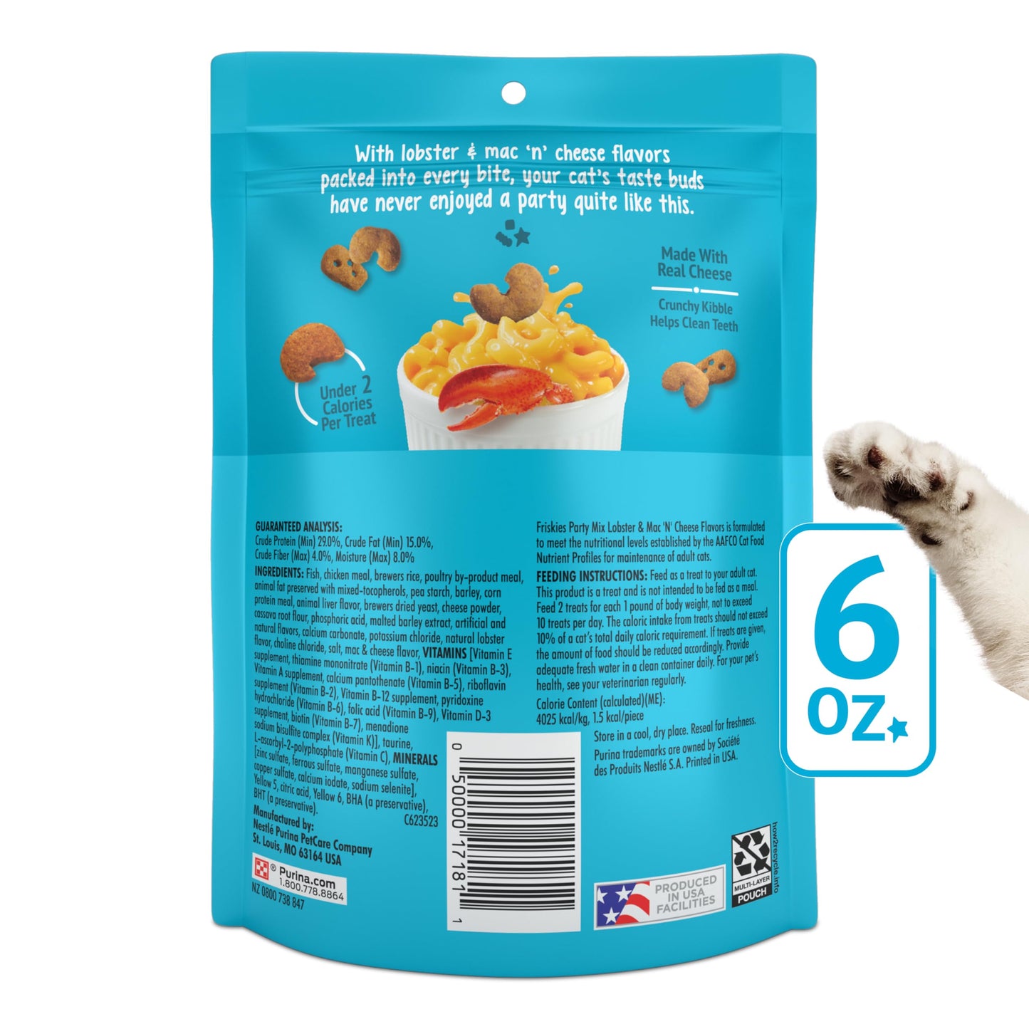 Purina Friskies Cat Treats, Party Mix Lobster & Mac 'N' Cheese Flavors - (Pack of 6) 6 oz. Pouches