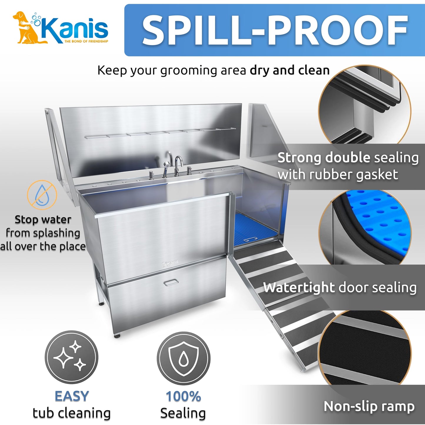 KANIS Professional Stainless Steel Dog Bathing Station - Grooming Tub w/Ramp, Storage Drawer, Floor Grate & Faucet/Dog Bathtub for Large, Medium & Small Pets (50", Left RAMP - 1 Drawer)