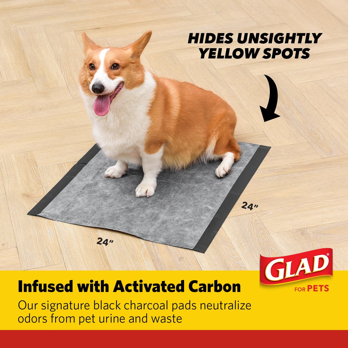 Glad for Pets Heavy Duty Activated Carbon Training Pads, 24" x 24" 100ct | Ultra Absorbent Training Pads - Absorbs 50% More Than Standard Pad in Same Size; Heavy Duty Puppy Potty Training Pads