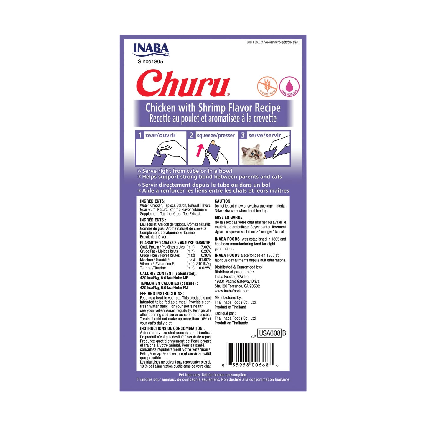 INABA Churu Cat Treats, Grain-Free, Lickable, Squeezable Creamy Purée Cat Treat/Topper with Vitamin E & Taurine, 0.5 Ounces Each Tube, 4 Tubes, Chicken with Shrimp Recipe