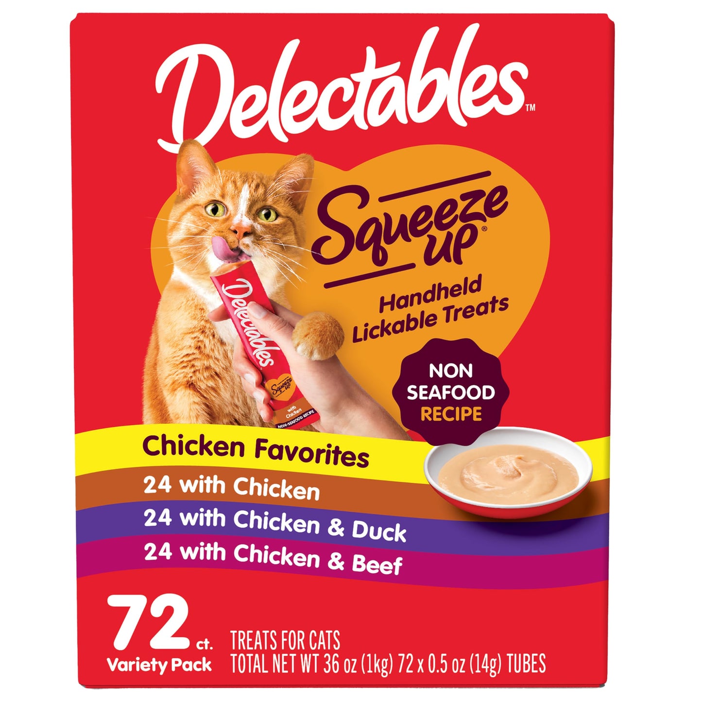 Delectables Squeeze Up Non-Seafood Variety Pack, Creamy Squeezable Puree, Lickable Wet Cat Treats, Grain Free, No Added Fillers, No By-Products, No Added Preservatives, 0.5 Ounces Tube, 72 Tubes Total