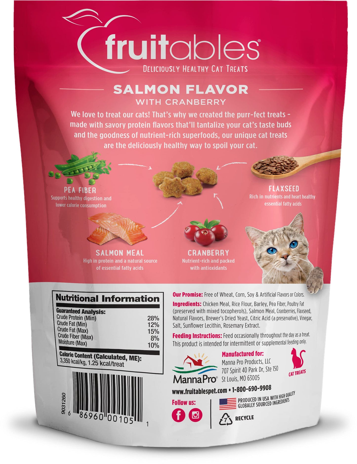 Fruitables Cat Treats – Crunchy Treats for Cats – Healthy Low Calorie Treats Packed with Protein – Free of Wheat, Corn and Soy – Made with Real Salmon with Cranberry – 30 Ounces