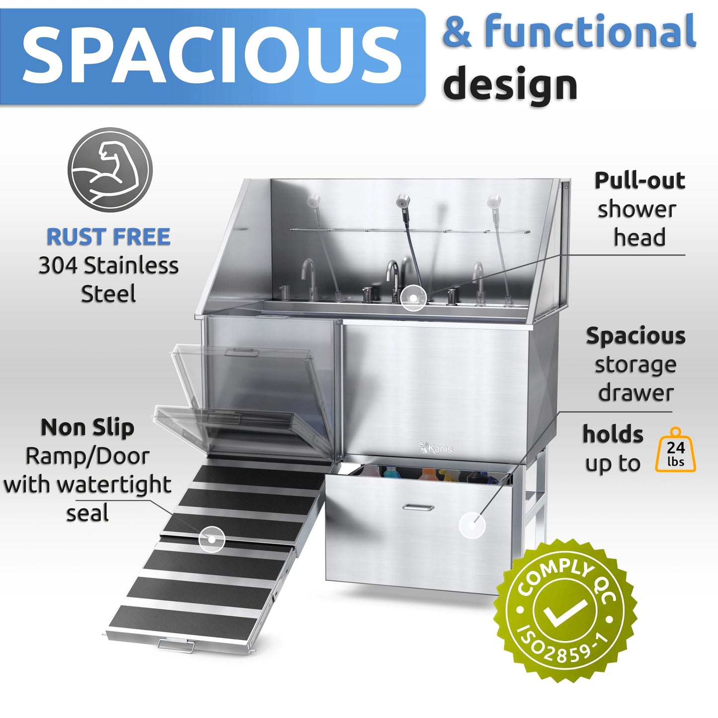 KANIS Professional Stainless Steel Dog Bathing Station - Grooming Tub w/Ramp, Storage Drawer, Floor Grate & Faucet/Dog Bathtub for Large, Medium & Small Pets (50", Left RAMP - 1 Drawer)