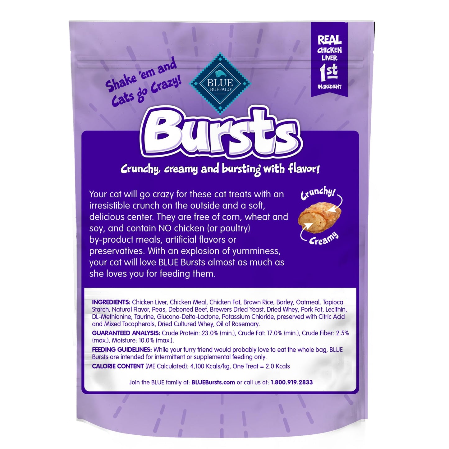 Blue Buffalo Bursts Crunchy & Creamy Cat Treats, Great for Training, Delish Liver & Beef, 5-oz Bag
