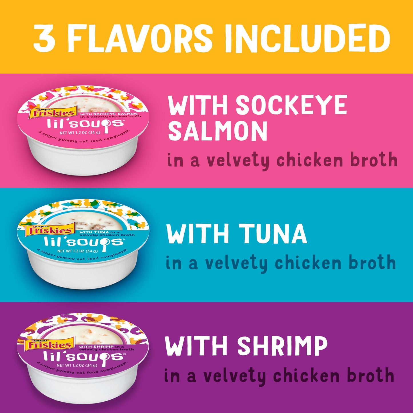 Purina Friskies Grain Free Wet Cat Food Lickable Cat Treats Variety Pack, Lil' Soups With Salmon, Tuna or Shrimp - (Pack of 30) 1.2 oz. Cups