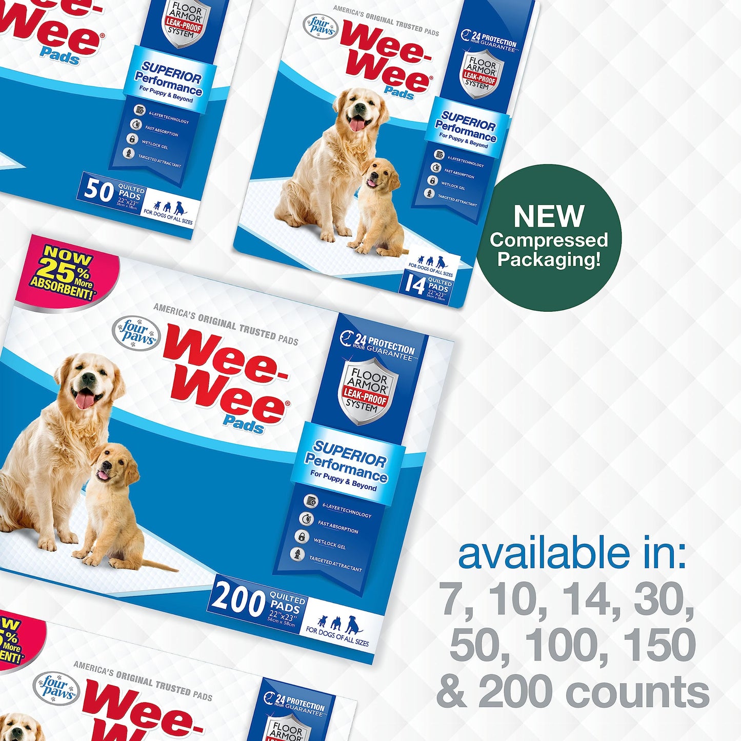 Four Paws Wee-Wee Superior Performance Unscented Pee Pads for Dogs & Puppies, Quilted Leak-Proof Dog Housebreaking Potty Training Floor Protection, 22" x 23", 10 Count