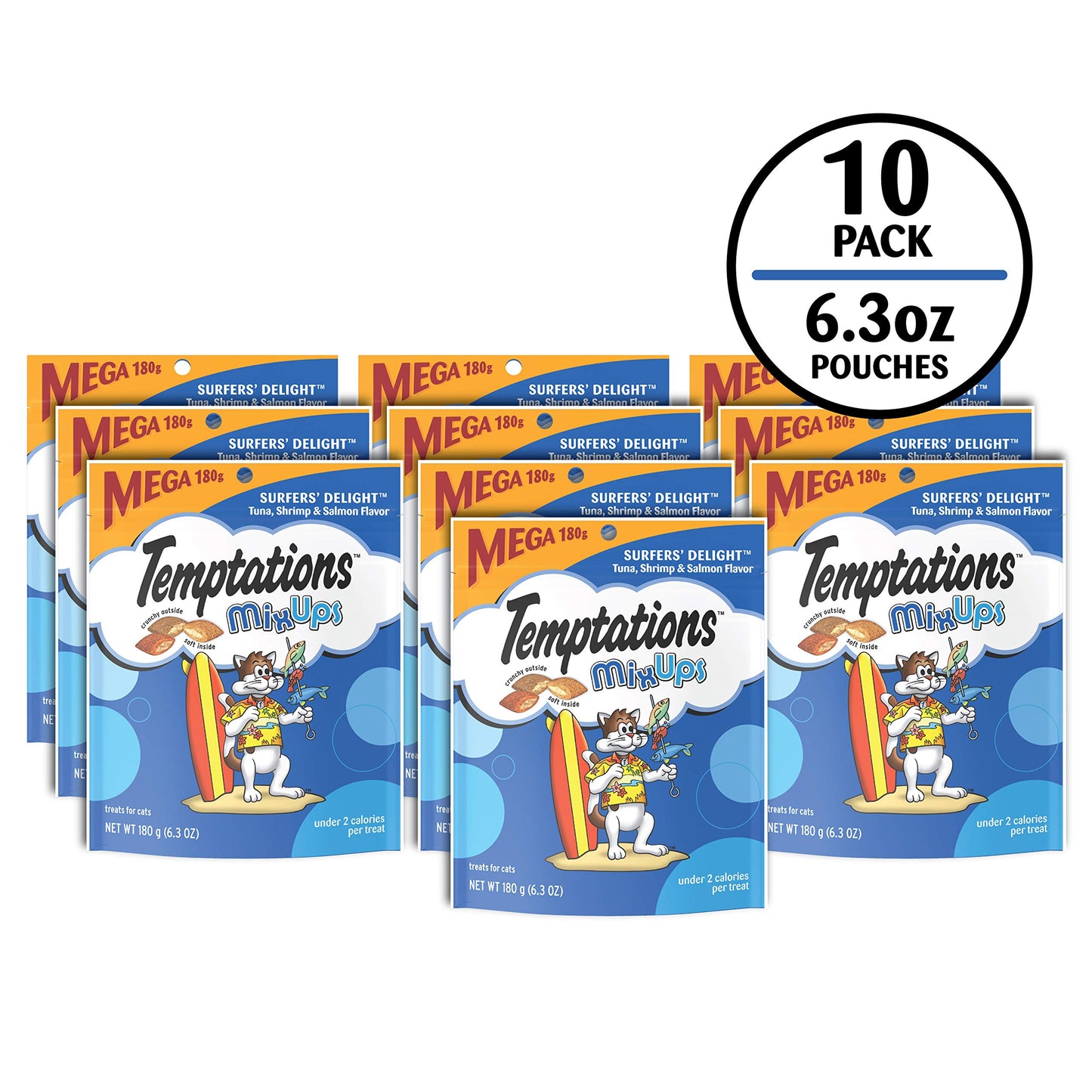 TEMPTATIONS MIXUPS Crunchy and Soft Cat Treats Surfer's Delight Flavor, 6.3 oz. Pouch, Pack of 10