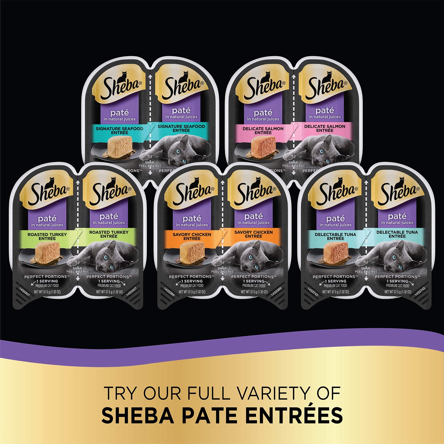 Sheba Perfect Portions Cuts in Gravy Wet Cat Food Variety Pack, Roasted Chicken Entrée, Tender Turkey Entrée, with Sustainable Salmon, and with Sustainable Tuna, 2.6 oz. Trays (48 Count, 96 Servings)