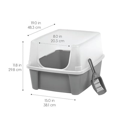 IRIS USA Large Cat Litter Box with Scatter Shield and Scoop, Open Top High Sided Cat Litter Pan, Gray/Clear