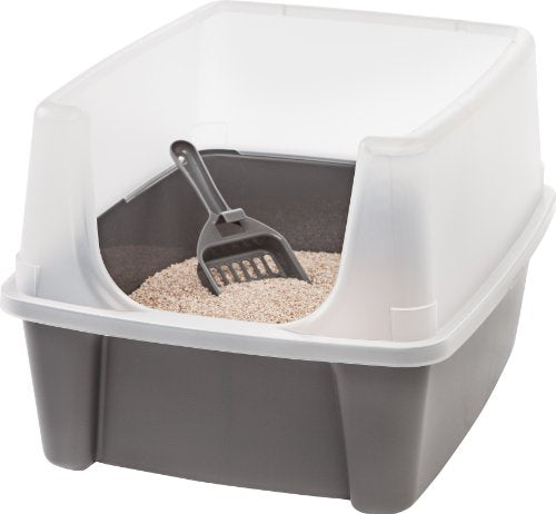 IRIS USA Large Cat Litter Box with Scatter Shield and Scoop, Open Top High Sided Cat Litter Pan, Gray/Clear