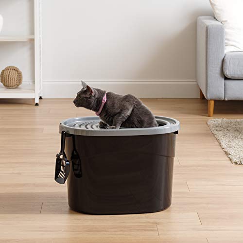 IRIS USA Cat Litter Box, Large Top Entry with Litter Catching Lid and Scoop, Dog Proof, Enclosed Cat Litter Box, Black/Gray