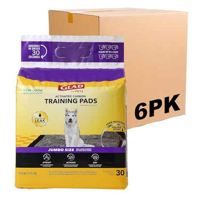 Glad for Pets JUMBO-SIZE Charcoal Puppy Pads, All-in-One | Black Training Pads That ABSORB & Neutralize Urine Instantly | New & Improved Quality Puppy Pee Pads, 30 Count - 6 Pack